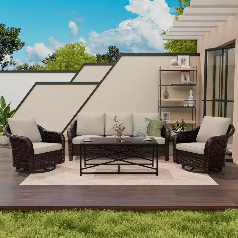Ensemble de patio extérieur UPTIOT : canapé 3 places, 2 fauteuils berçants pivotants et table basse pour un confort par tous les temps
