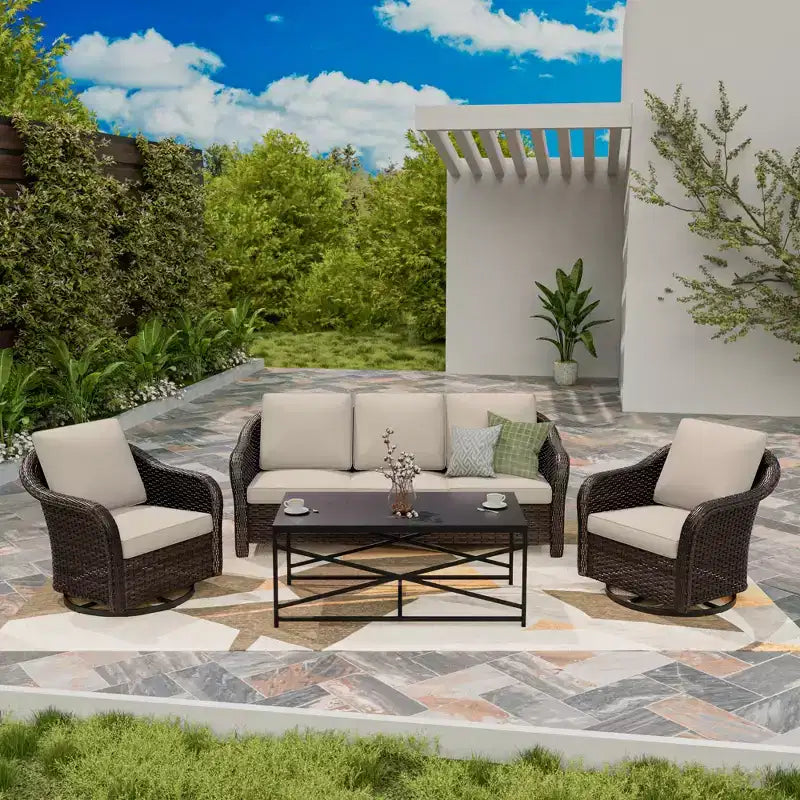 Ensemble de patio extérieur UPTIOT : canapé 3 places, 2 fauteuils berçants pivotants et table basse pour un confort par tous les temps