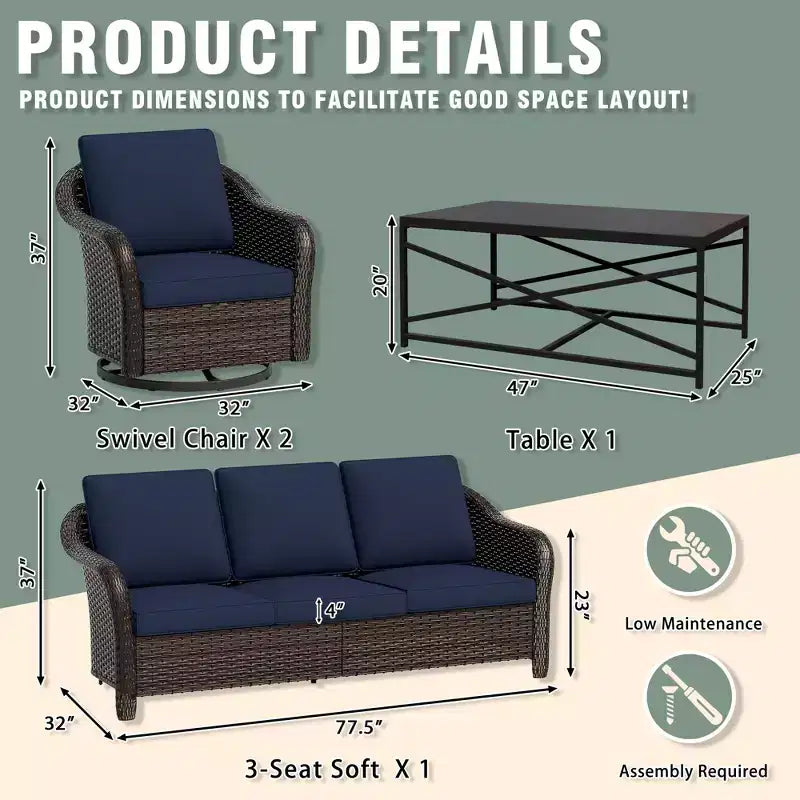 Ensemble de patio extérieur UPTIOT : canapé 3 places, 2 fauteuils berçants pivotants et table basse pour un confort par tous les temps