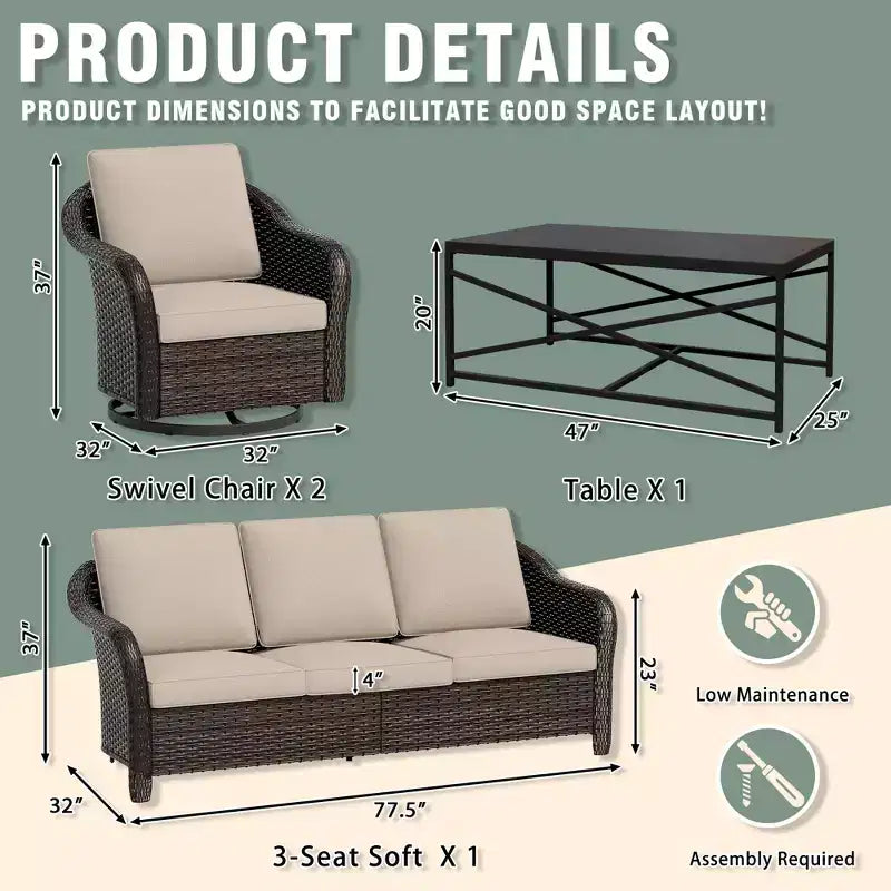 Ensemble de patio extérieur UPTIOT : canapé 3 places, 2 fauteuils berçants pivotants et table basse pour un confort par tous les temps