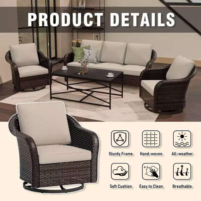 Ensemble de patio extérieur UPTIOT : canapé 3 places, 2 fauteuils berçants pivotants et table basse pour un confort par tous les temps