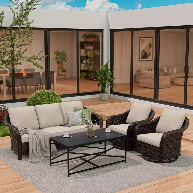 Ensemble de patio extérieur UPTIOT : canapé 3 places, 2 fauteuils berçants pivotants et table basse pour un confort par tous les temps
