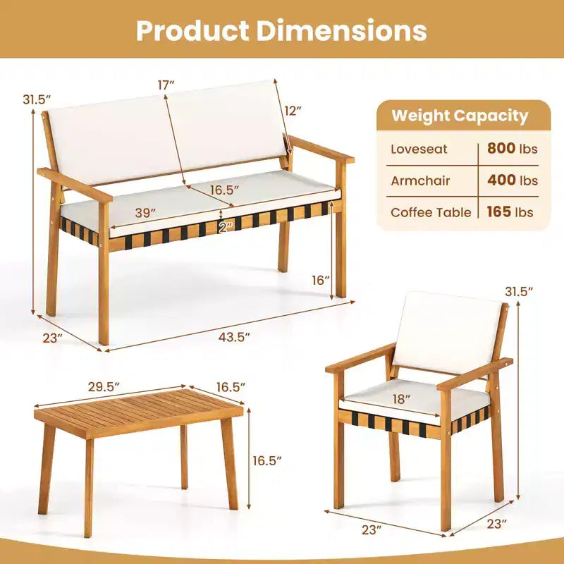 Costway Ensemble de meubles de jardin 8 pièces en bois avec table basse et coussins de dossier pour l'extérieur, porche