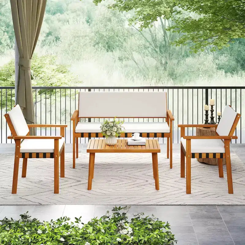 Costway Ensemble de meubles de jardin 8 pièces en bois avec table basse et coussins de dossier pour l'extérieur, porche