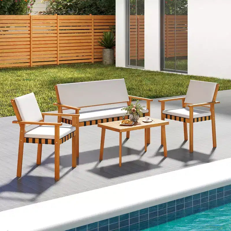 Costway Ensemble de meubles de jardin 8 pièces en bois avec table basse et coussins de dossier pour l'extérieur, porche