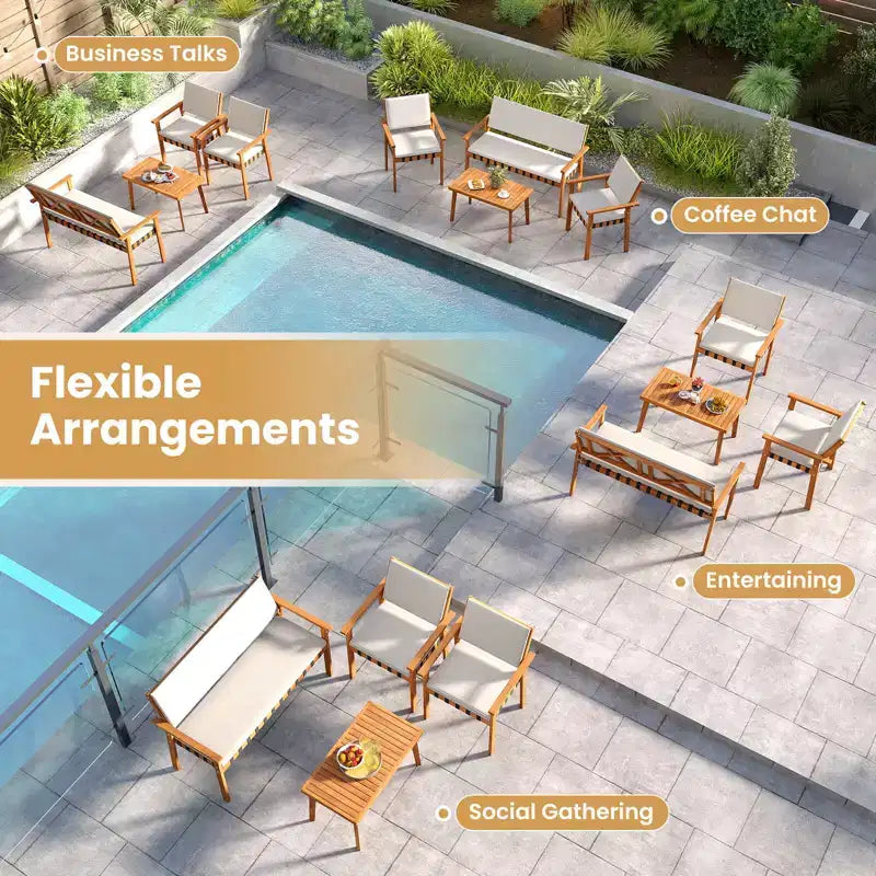 Costway Ensemble de meubles de jardin 8 pièces en bois avec table basse et coussins de dossier pour l'extérieur, porche