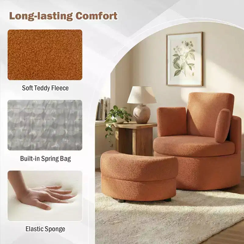 Costway 360 Swivel Accent Chair with Half Moon Storage Ottoman 3 Removable Pillows, Office White/Terracotta