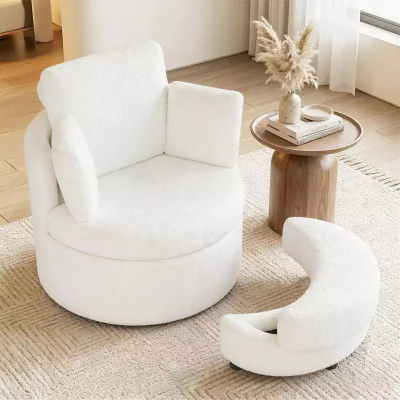 Costway 360 Swivel Accent Chair with Half Moon Storage Ottoman 3 Removable Pillows, Office White/Terracotta