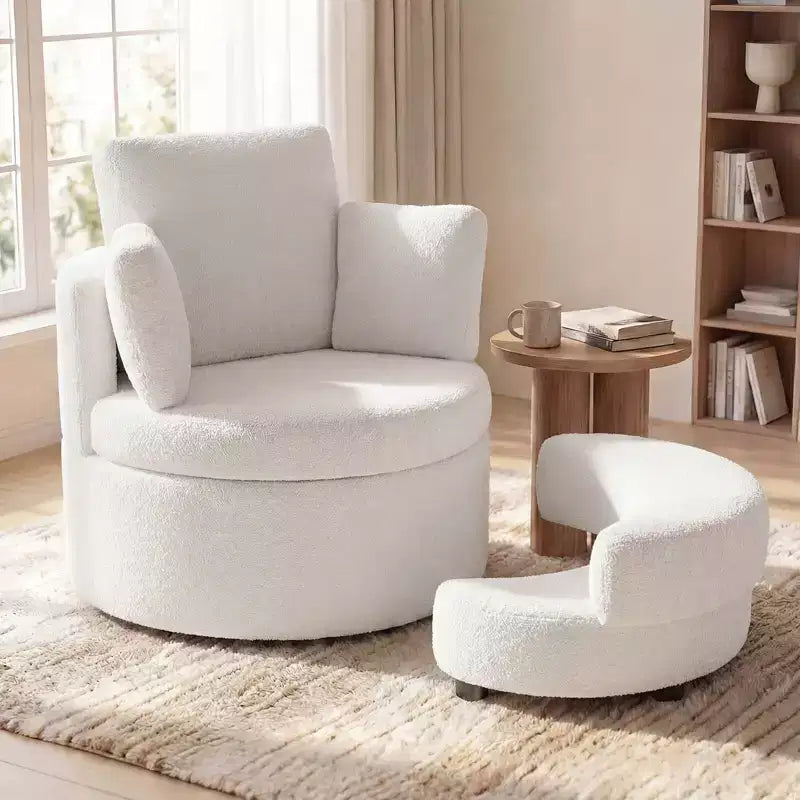 Costway 360 Swivel Accent Chair with Half Moon Storage Ottoman 3 Removable Pillows, Office White/Terracotta