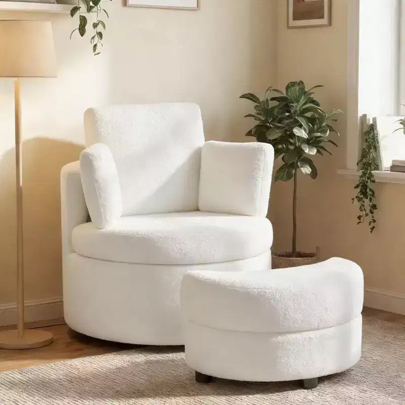 Costway 360 Swivel Accent Chair with Half Moon Storage Ottoman 3 Removable Pillows, Office White/Terracotta