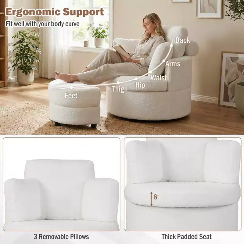 Costway 360 Swivel Accent Chair with Half Moon Storage Ottoman 3 Removable Pillows, Office White/Terracotta
