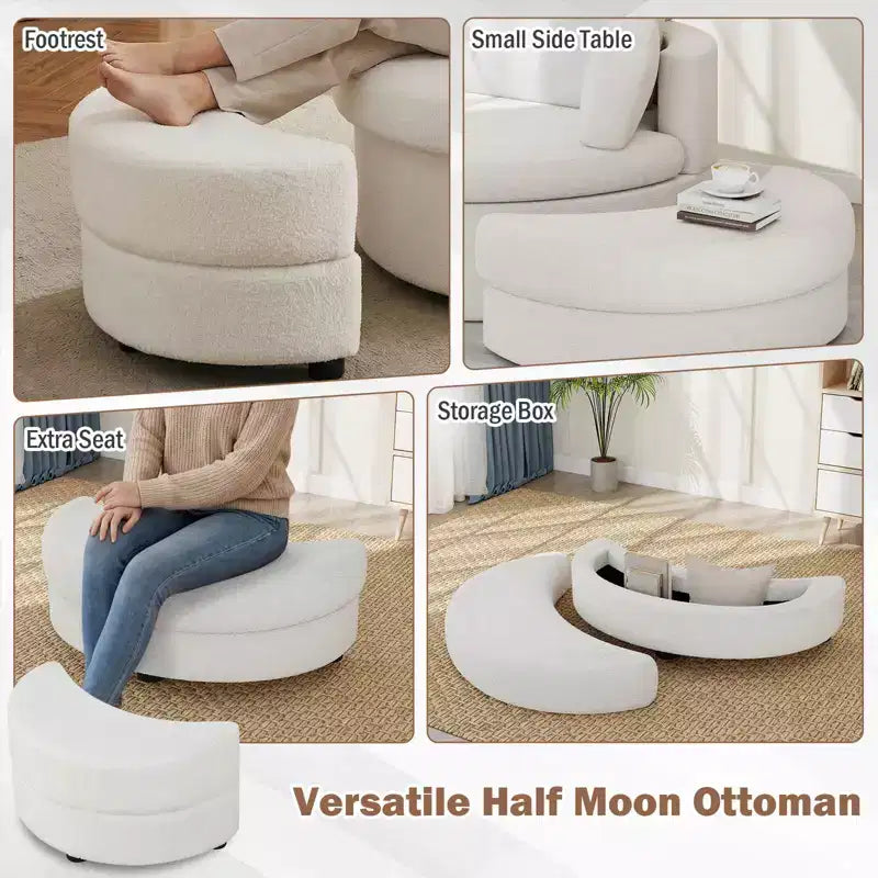 Costway 360 Swivel Accent Chair with Half Moon Storage Ottoman 3 Removable Pillows, Office White/Terracotta