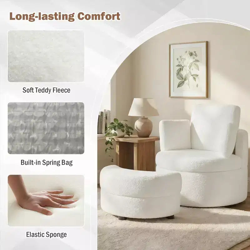 Costway 360 Swivel Accent Chair with Half Moon Storage Ottoman 3 Removable Pillows, Office White/Terracotta
