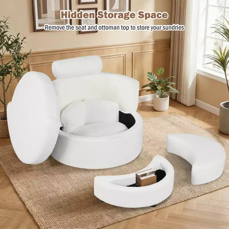 Costway 360 Swivel Accent Chair with Half Moon Storage Ottoman 3 Removable Pillows, Office White/Terracotta
