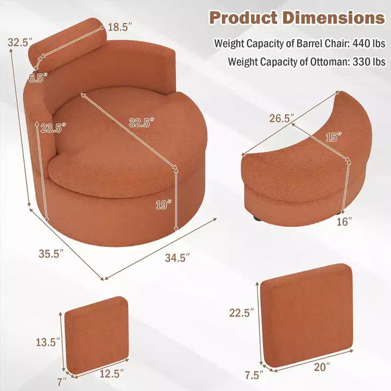 Costway 360 Swivel Accent Chair with Half Moon Storage Ottoman 3 Removable Pillows, Office White/Terracotta