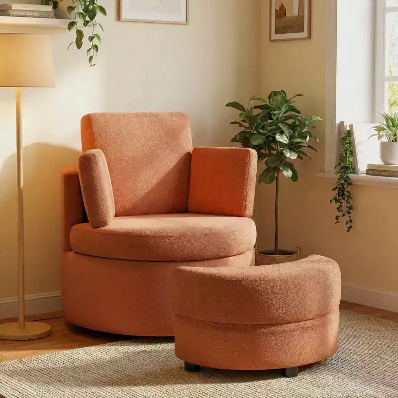 Costway 360 Swivel Accent Chair with Half Moon Storage Ottoman 3 Removable Pillows, Office White/Terracotta