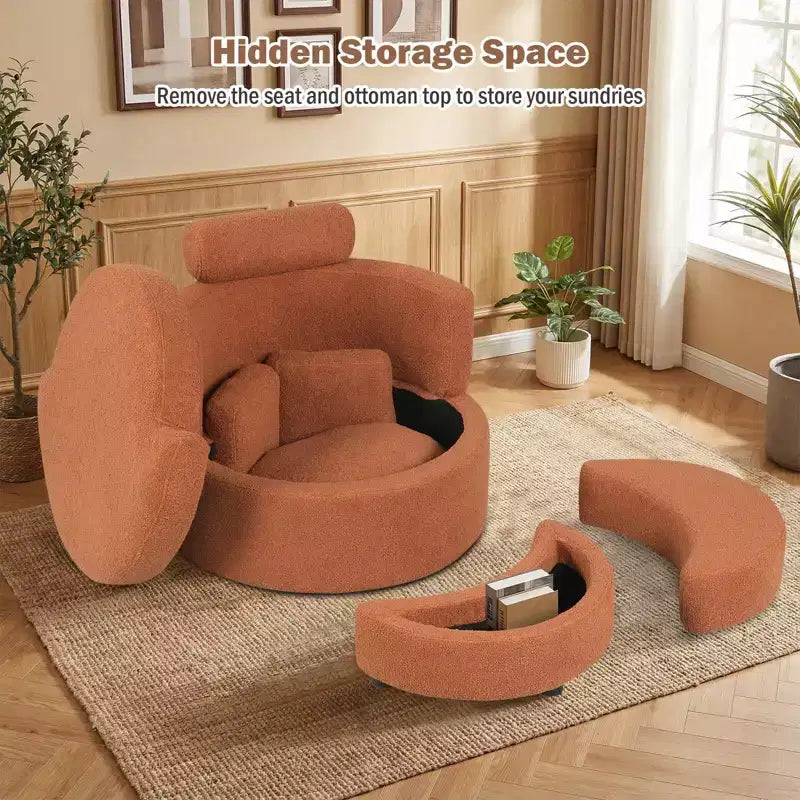 Costway 360 Swivel Accent Chair with Half Moon Storage Ottoman 3 Removable Pillows, Office White/Terracotta