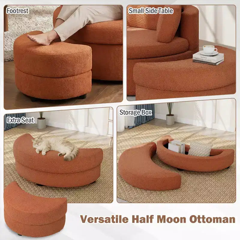 Costway 360 Swivel Accent Chair with Half Moon Storage Ottoman 3 Removable Pillows, Office White/Terracotta