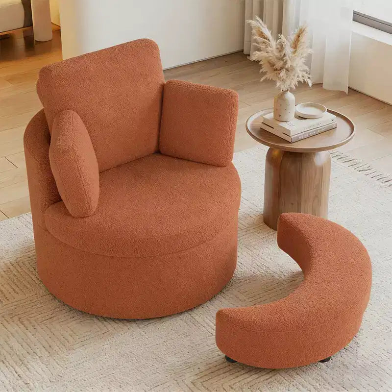 Costway 360 Swivel Accent Chair with Half Moon Storage Ottoman 3 Removable Pillows, Office White/Terracotta