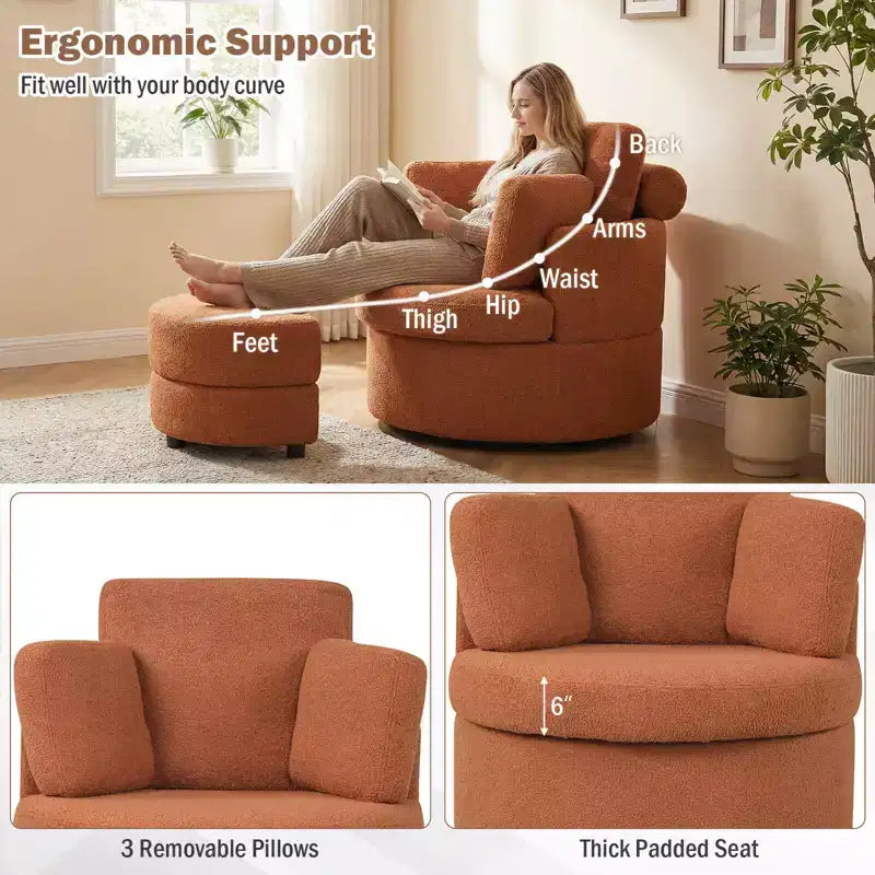 Costway 360 Swivel Accent Chair with Half Moon Storage Ottoman 3 Removable Pillows, Office White/Terracotta