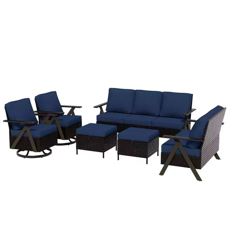 Ensemble de sièges d'extérieur UPTIOT Premium : canapé 3 places, double méridienne, 2 poufs et 2 fauteuils pivotants pour un confort optimal sur votre terrasse.