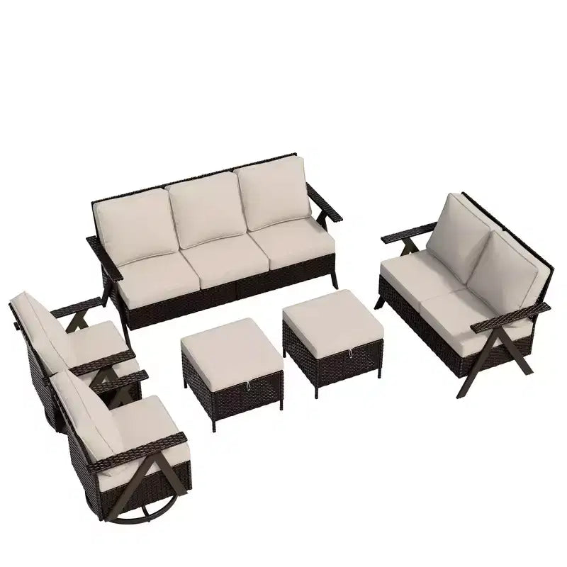 Ensemble de sièges d'extérieur UPTIOT Premium : canapé 3 places, double méridienne, 2 poufs et 2 fauteuils pivotants pour un confort optimal sur votre terrasse.