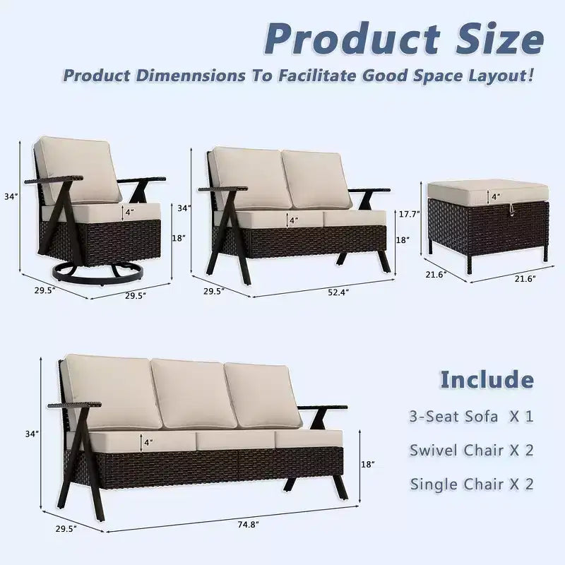 Ensemble de sièges d'extérieur UPTIOT Premium : canapé 3 places, double méridienne, 2 poufs et 2 fauteuils pivotants pour un confort optimal sur votre terrasse.