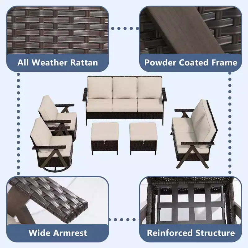 Ensemble de sièges d'extérieur UPTIOT Premium : canapé 3 places, double méridienne, 2 poufs et 2 fauteuils pivotants pour un confort optimal sur votre terrasse.