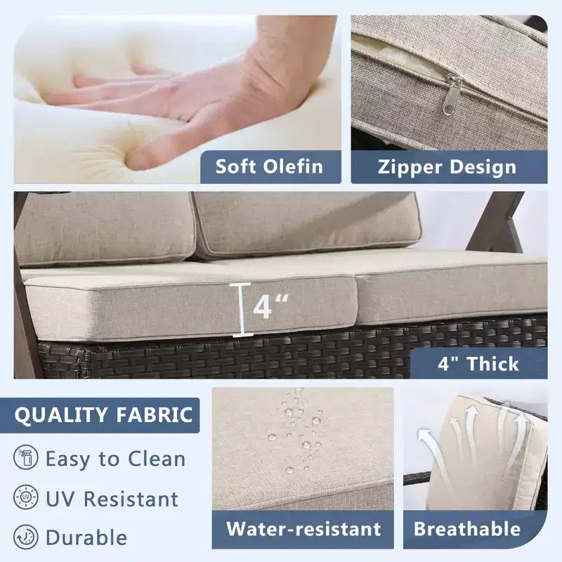Ensemble de sièges d'extérieur UPTIOT Premium : canapé 3 places, double méridienne, 2 poufs et 2 fauteuils pivotants pour un confort optimal sur votre terrasse.