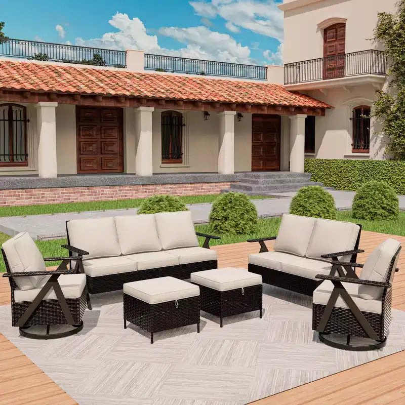 UPTIOT Premium Outdoor Seating Set: 3-Seater Sofa, Double Chaise, 2 Ottomans & 2 Swivel Rockers for Patio Comfort