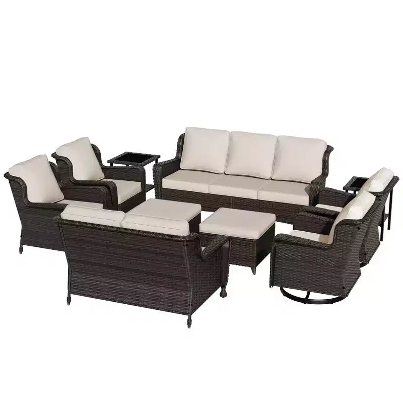 Ensemble extérieur haut de gamme 10 pièces UPTIOT : Canapé 3 places, canapé 2 places, 2 fauteuils pivotants à bascule, 2 chaises, 2 poufs et 2 tables basses