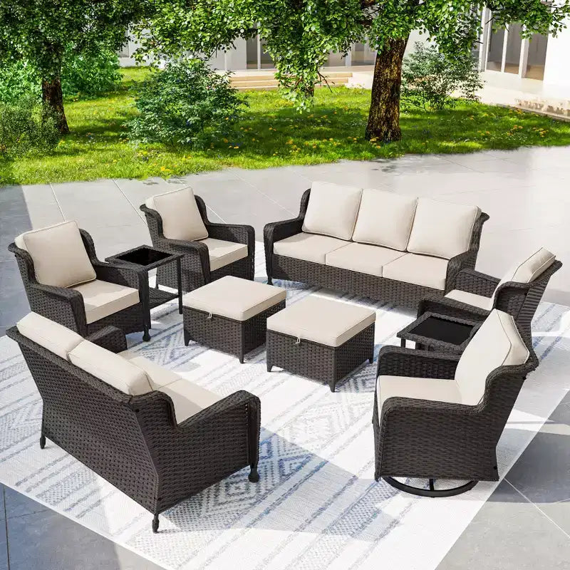 Ensemble extérieur haut de gamme 10 pièces UPTIOT : Canapé 3 places, canapé 2 places, 2 fauteuils pivotants à bascule, 2 chaises, 2 poufs et 2 tables basses