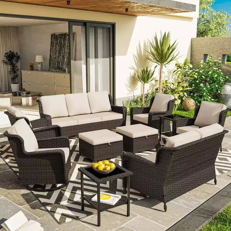 Ensemble extérieur haut de gamme 10 pièces UPTIOT : Canapé 3 places, canapé 2 places, 2 fauteuils pivotants à bascule, 2 chaises, 2 poufs et 2 tables basses