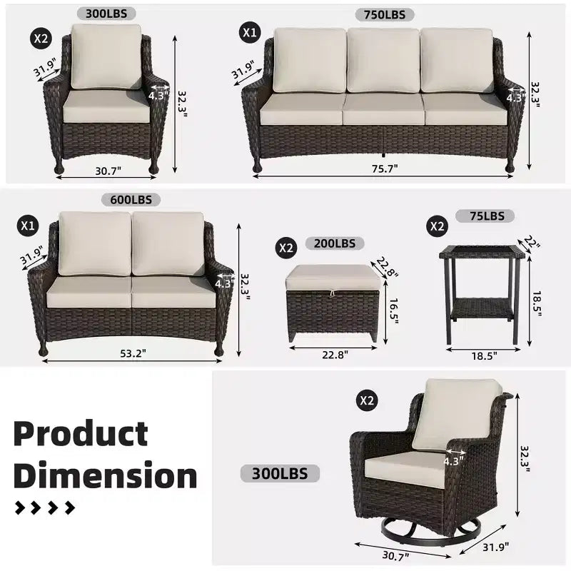Ensemble extérieur haut de gamme 10 pièces UPTIOT : Canapé 3 places, canapé 2 places, 2 fauteuils pivotants à bascule, 2 chaises, 2 poufs et 2 tables basses