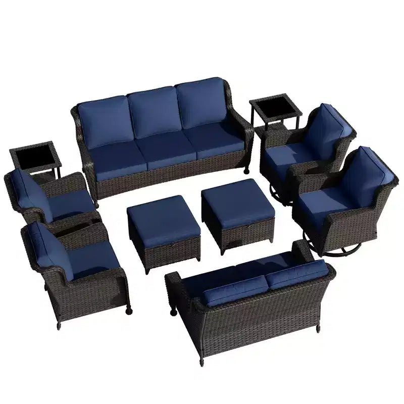 Ensemble extérieur haut de gamme 10 pièces UPTIOT : Canapé 3 places, canapé 2 places, 2 fauteuils pivotants à bascule, 2 chaises, 2 poufs et 2 tables basses