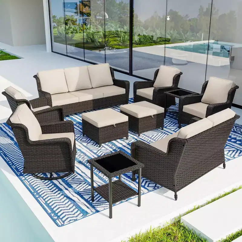 Ensemble extérieur haut de gamme 10 pièces UPTIOT : Canapé 3 places, canapé 2 places, 2 fauteuils pivotants à bascule, 2 chaises, 2 poufs et 2 tables basses