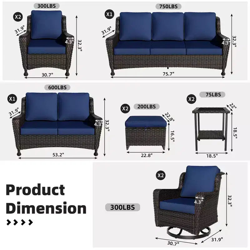 Ensemble extérieur haut de gamme 10 pièces UPTIOT : Canapé 3 places, canapé 2 places, 2 fauteuils pivotants à bascule, 2 chaises, 2 poufs et 2 tables basses