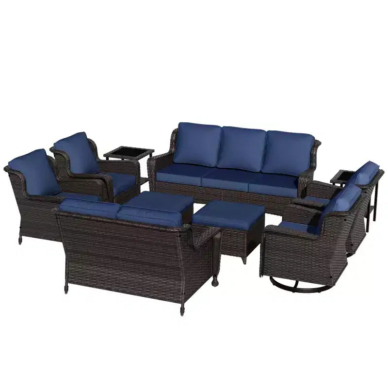 Ensemble extérieur haut de gamme 10 pièces UPTIOT : Canapé 3 places, canapé 2 places, 2 fauteuils pivotants à bascule, 2 chaises, 2 poufs et 2 tables basses