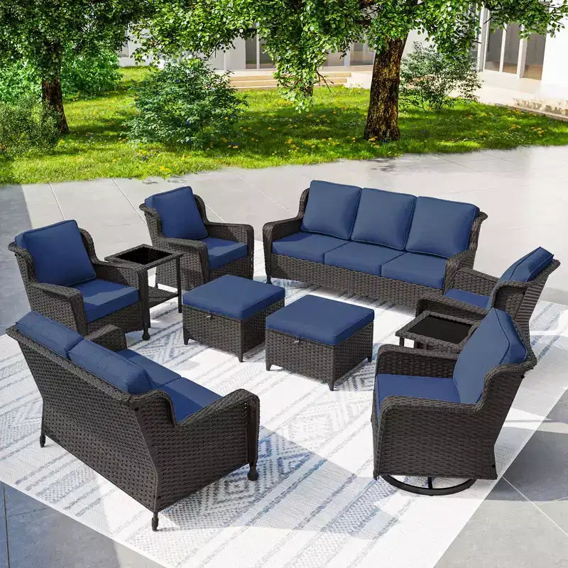 Ensemble extérieur haut de gamme 10 pièces UPTIOT : Canapé 3 places, canapé 2 places, 2 fauteuils pivotants à bascule, 2 chaises, 2 poufs et 2 tables basses