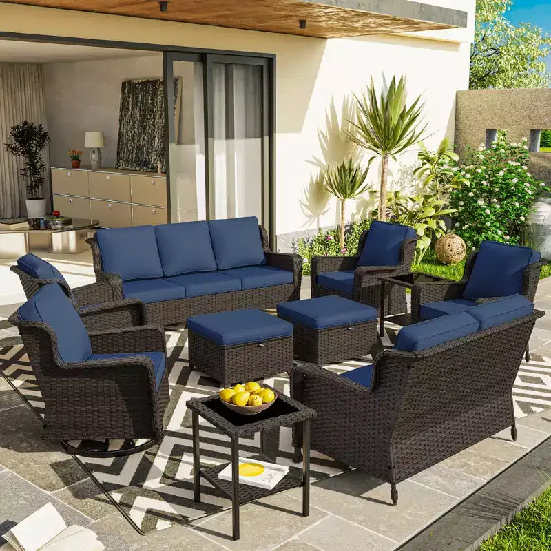 Ensemble extérieur haut de gamme 10 pièces UPTIOT : Canapé 3 places, canapé 2 places, 2 fauteuils pivotants à bascule, 2 chaises, 2 poufs et 2 tables basses