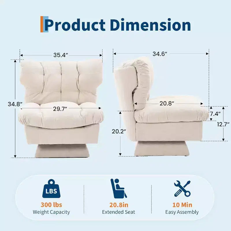 Fauteuil pivotant à 360° - Fauteuil de lecture moderne avec coussin épais et tissu chenille douillet | Fauteuil rembourré pour salon, chambre à coucher