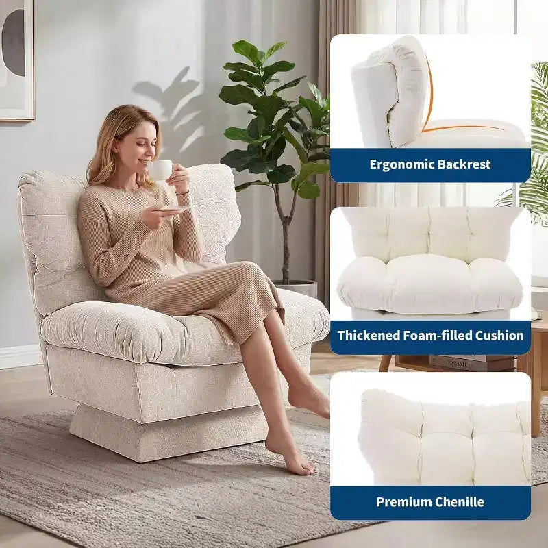 Fauteuil pivotant à 360° - Fauteuil de lecture moderne avec coussin épais et tissu chenille douillet | Fauteuil rembourré pour salon, chambre à coucher