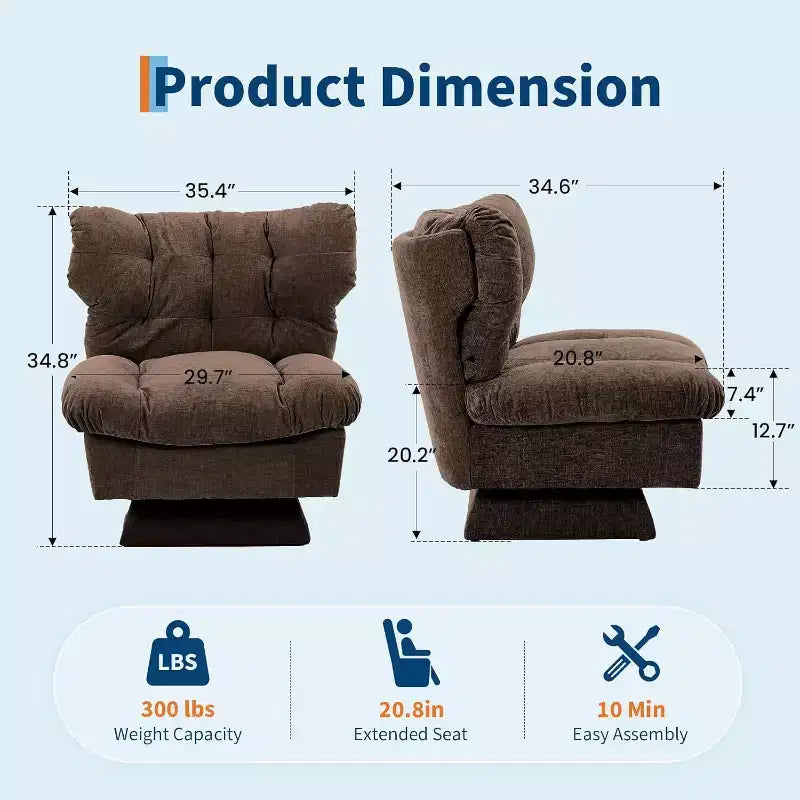 Fauteuil pivotant à 360° - Fauteuil de lecture moderne avec coussin épais et tissu chenille douillet | Fauteuil rembourré pour salon, chambre à coucher