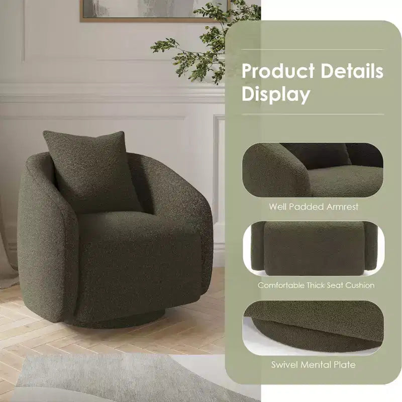 TUYOHW Swivel Accent Chair,Rotating Barrel Armchair with Back Pillow,Solid Wood Frame,Teddy Upholstered Chair for Living Room,Bedroom,Office