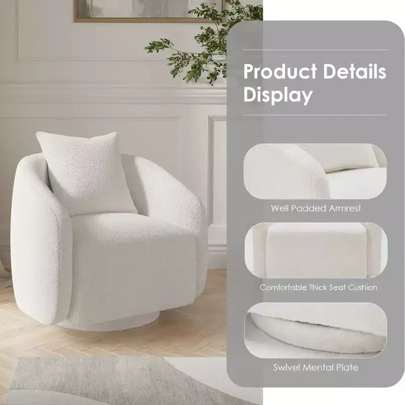 TUYOHW Swivel Accent Chair,Rotating Barrel Armchair with Back Pillow,Solid Wood Frame,Teddy Upholstered Chair for Living Room,Bedroom,Office