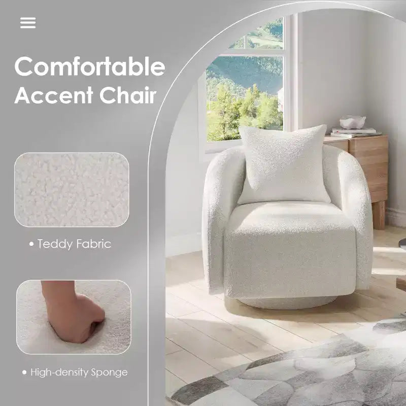 TUYOHW Swivel Accent Chair,Rotating Barrel Armchair with Back Pillow,Solid Wood Frame,Teddy Upholstered Chair for Living Room,Bedroom,Office