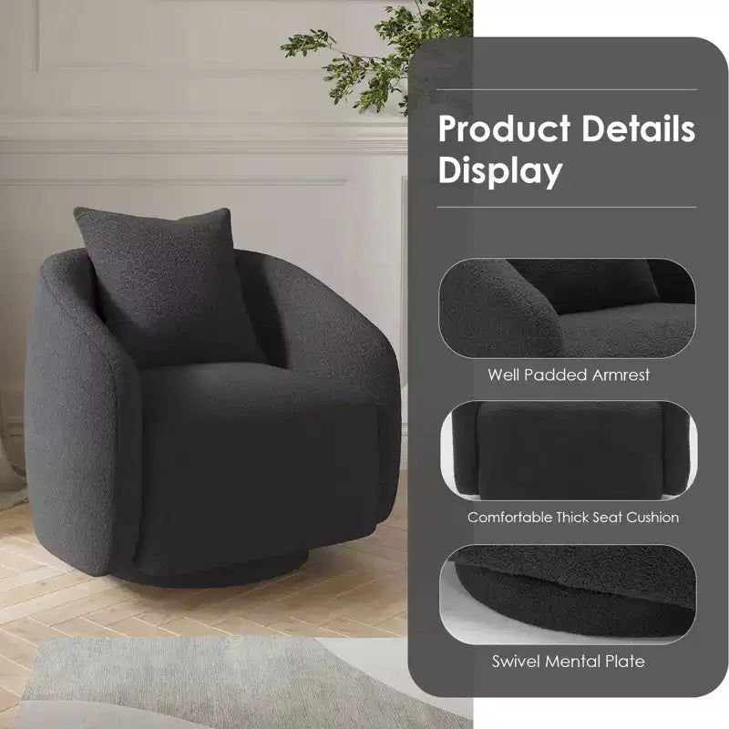 TUYOHW Swivel Accent Chair,Rotating Barrel Armchair with Back Pillow,Solid Wood Frame,Teddy Upholstered Chair for Living Room,Bedroom,Office