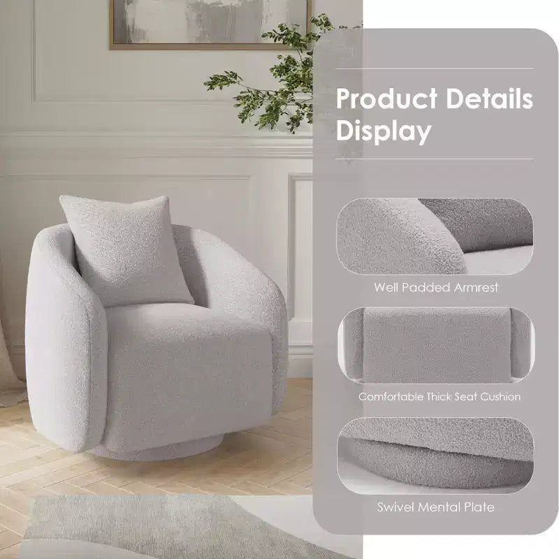 TUYOHW Swivel Accent Chair,Rotating Barrel Armchair with Back Pillow,Solid Wood Frame,Teddy Upholstered Chair for Living Room,Bedroom,Office