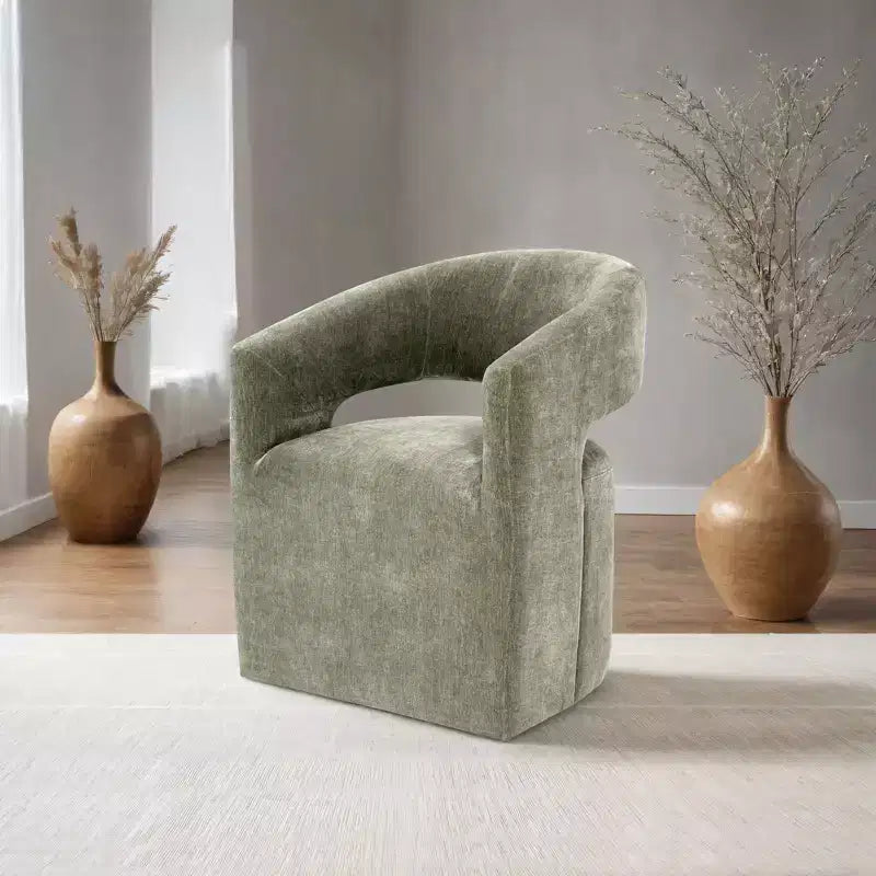 Fauteuil d'appoint TUYOHW avec dossier arrondi, accoudoirs, piètement pivotant, roulettes, assise ronde, tissu texturé neutre, fauteuil de salon ou de chambre