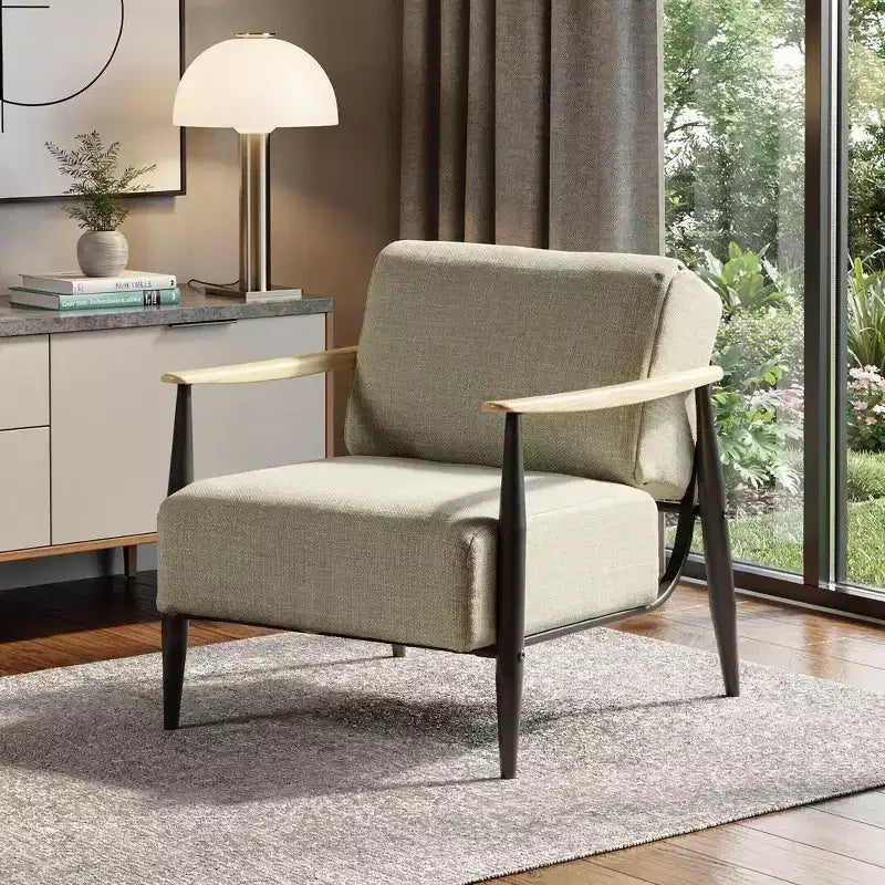 HomeRoots 28 Beige Black and Natural Upholstered Cushion and Solid Wood Arm Chair